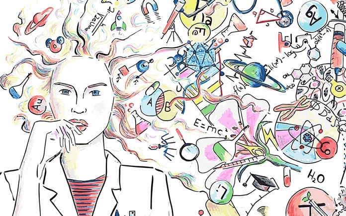 Ilustración en la que aparece dibujada una mujer junto a multitud de símbolos relacionados con la ciencia