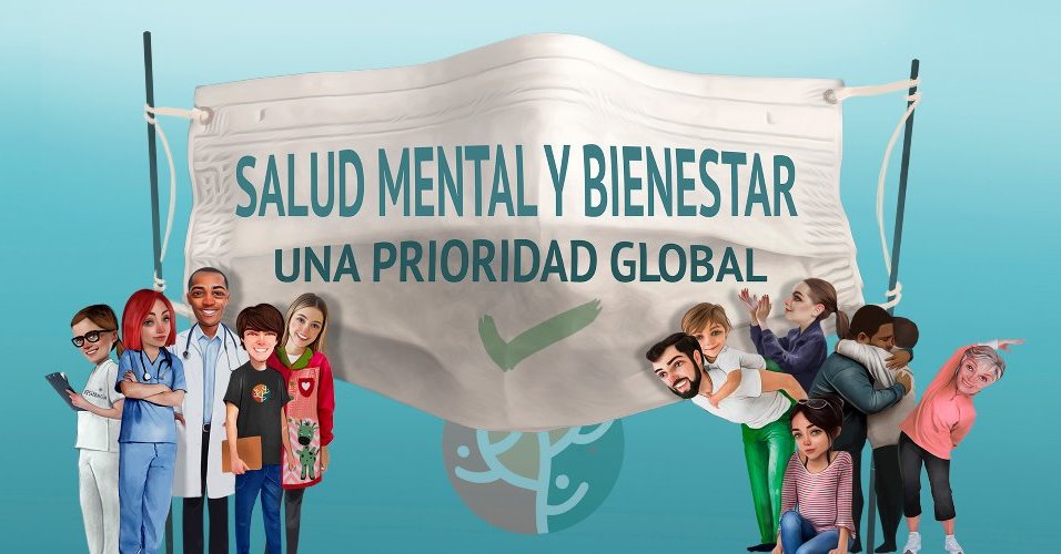 Cartel del Día de la Salud Mental en el que se lee: Salud mental y bienestar, una prioridad global 