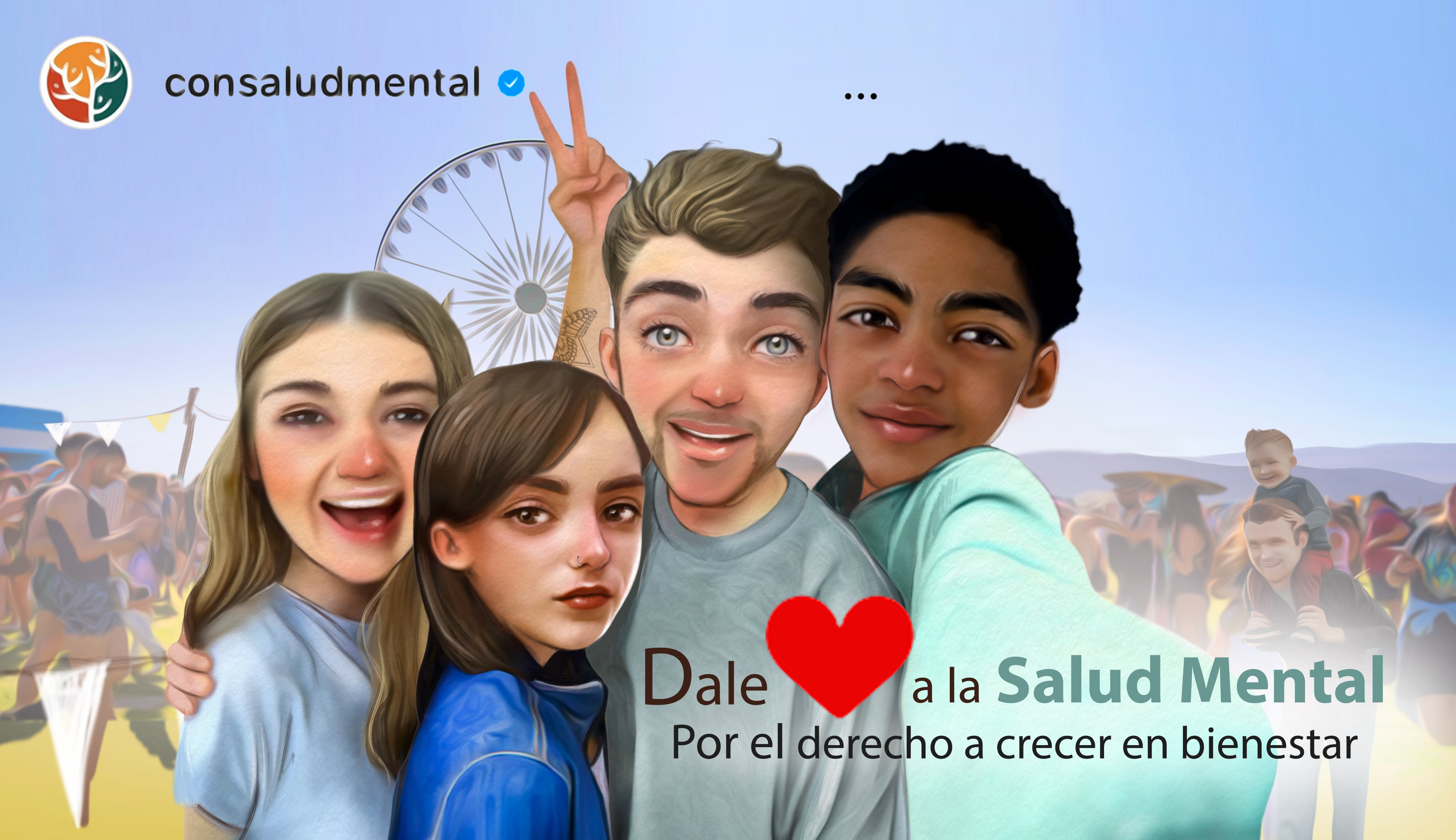 Imagen de varios niños y jóvenes en la que se lee 'Dale me gusta a la salud mental. Por el derecho a crecer en bienestar'