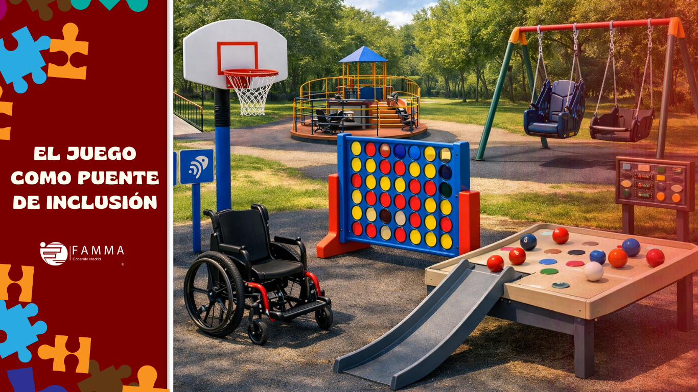 Parque infantil inclusivo con juegos accesibles, canasta de baloncesto, columpios adaptados y silla de ruedas en primer plano