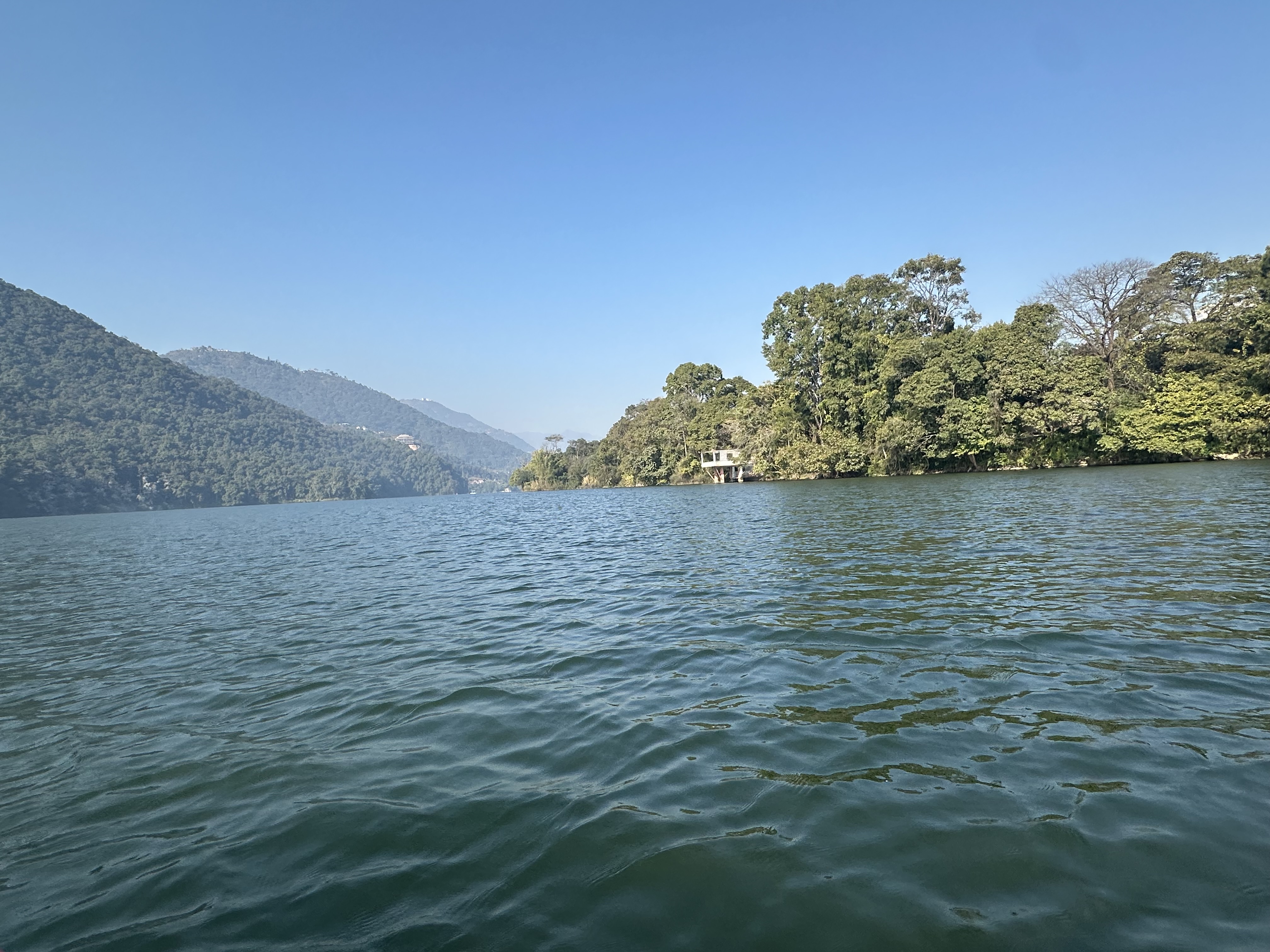 Imagen de un paisaje con agua, arboleda y montaña