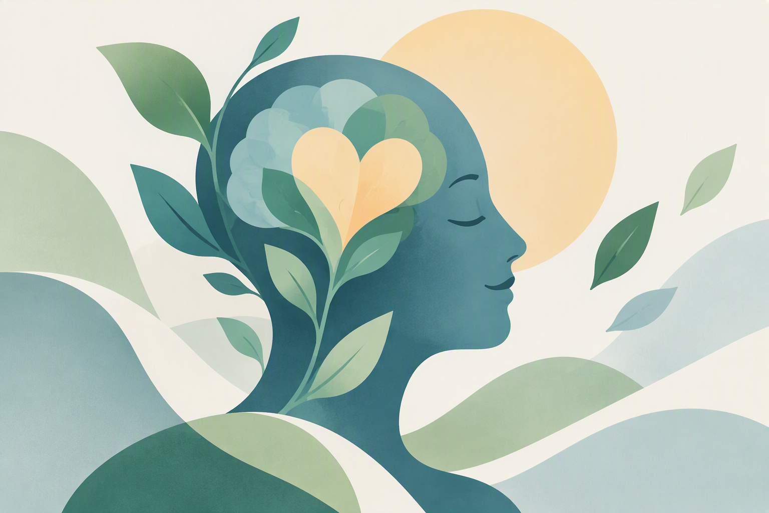 Ilustración en tonos verdes y azules de un perfil humano rodeado de hojas, con un corazón en la zona del cerebro y un círculo luminoso al fondo