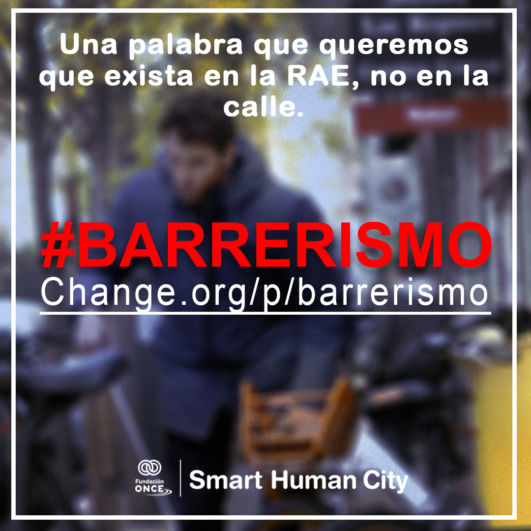 Imagen de la campaña 'Barrerismo' en la que se ve a Jota tras el letrero de #BARRERISMO Change.org/p/barrerismo