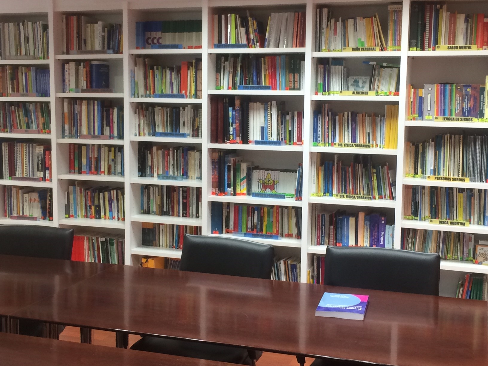 Imagen de la biblioteca actual de Fundación ONCE con estanterías llenas de libros