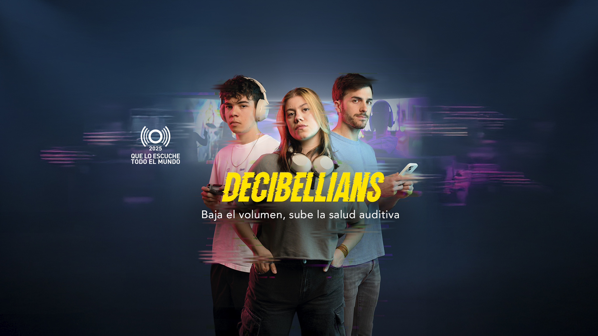 Cartel de la campaña en el que se ve a tres jóvenes con auriculares posando frente a un fondo colorido con ondas sonoras y luces neón
