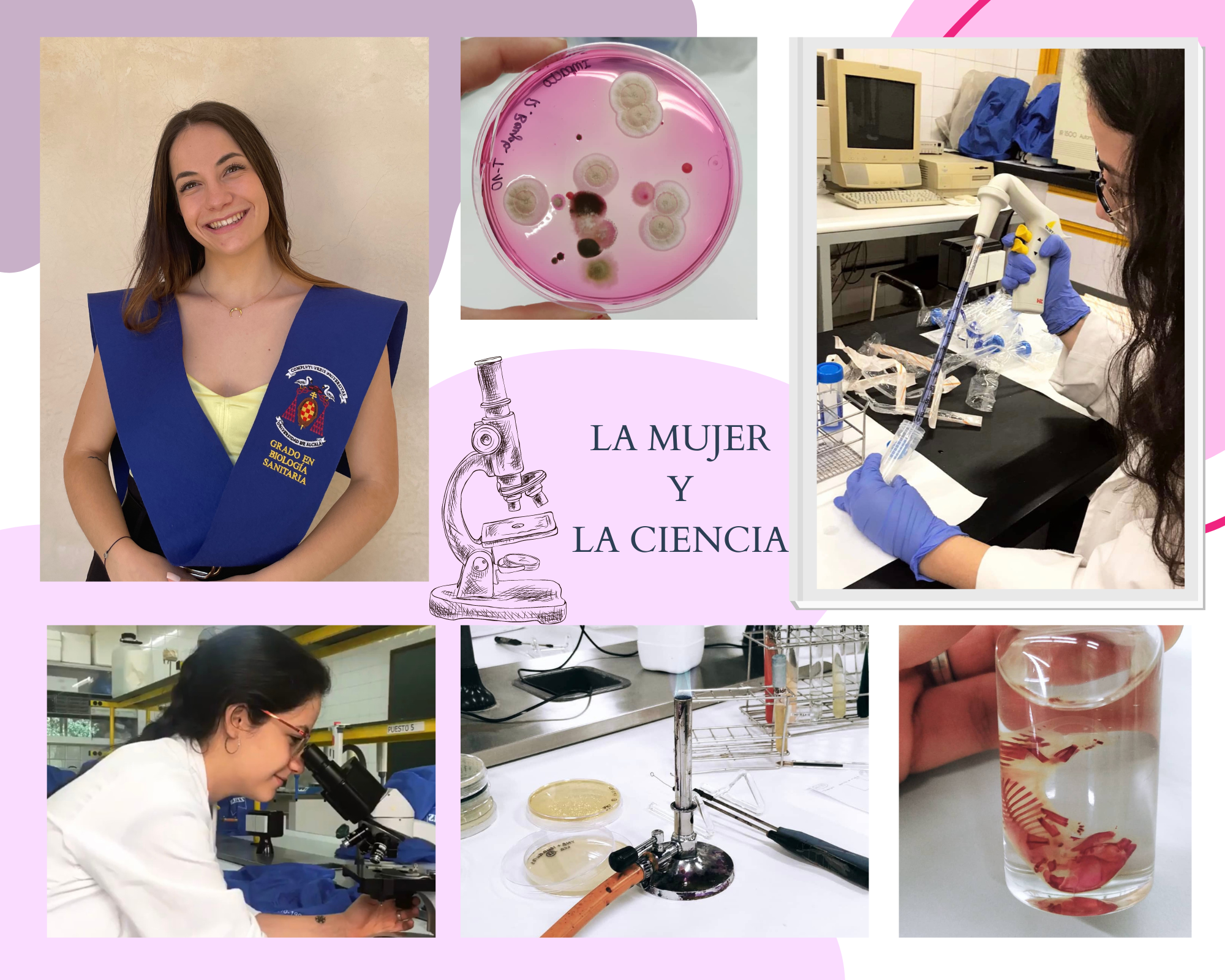 Mosaico de fotos en las que se ve a Laura en distintas situaciones, como en el laboratorio o posando para la orla
