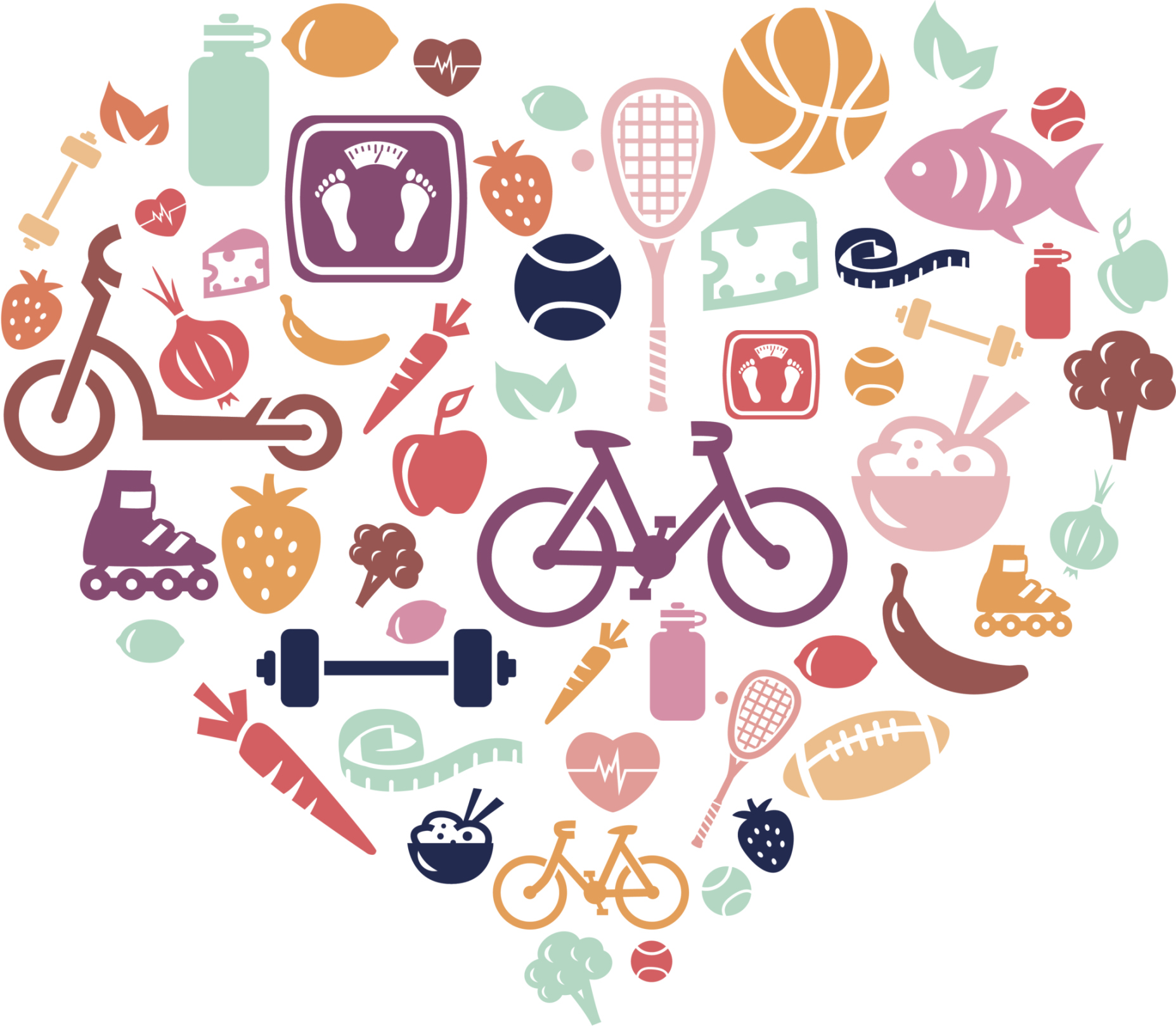 Ilustración de un corazón relleno de símbolos de vida saludable como una bicicleta y fruta