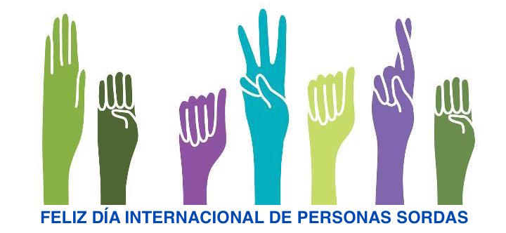 Imagen del Día Internacional de las Personas Sordas con dibujos de manos de colores signando