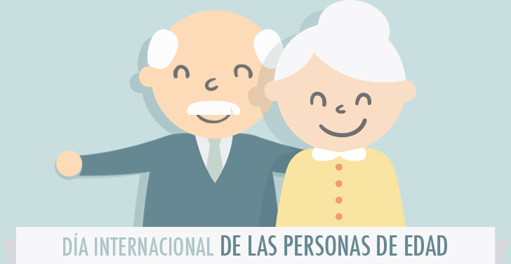 Dibujo de dos personas mayores en el que se lee Día Internacional de las Personas de Edad