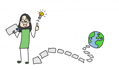 Ilustración en la que se ve a una niña con una carta en una mano y una bombilla encima de la otra. De sus pies parte un camino que conduce hasta una bola del mundo.