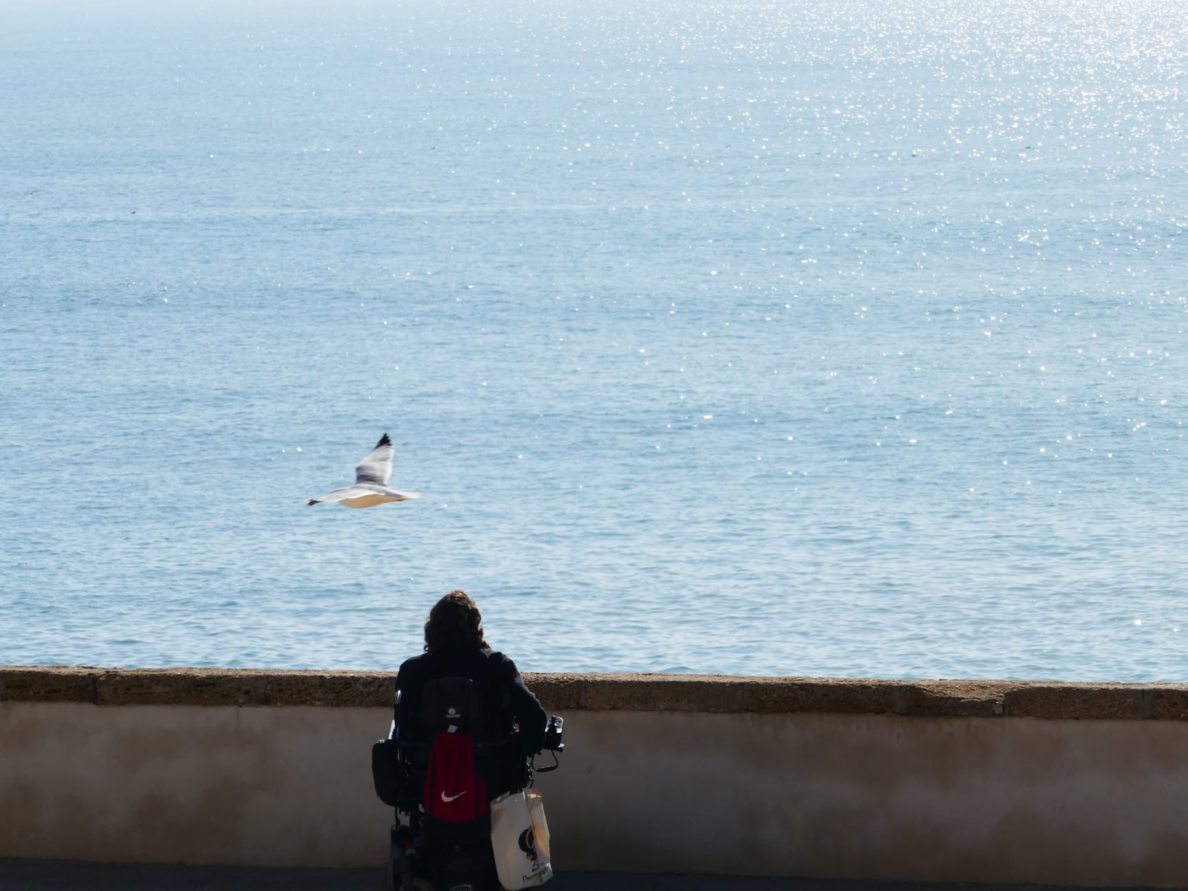 Sergio, en su silla de ruedas, junto al mar