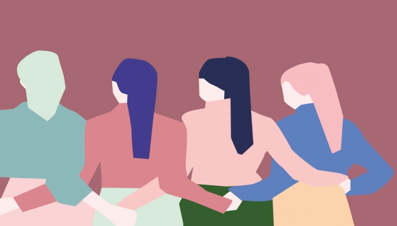 Dibujo a color en tonos pastel en el que se ve a cuatro mujeres de espaldas con las manos enlazadas por detrás. Las cuatro llevan pañuelo anudado a la cabeza que cuelga a mitad de la espalda 