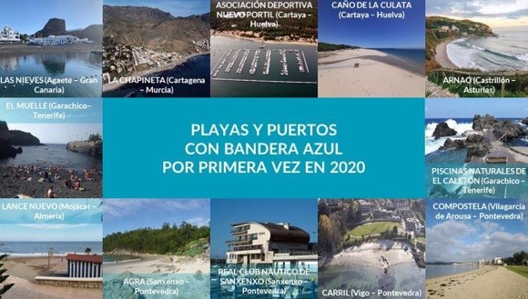 Mosaico de fotos de playas con la siguiente leyenda en el centro: "Playas y puertos con Bandera Azul por primera vez en 2020". "