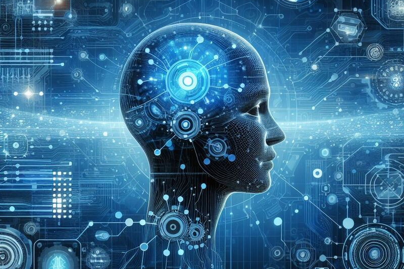 creatividad en la que se ve una ilustración de una cabeza en la que el cerebro se ven símbolos de inteligencia artificial
