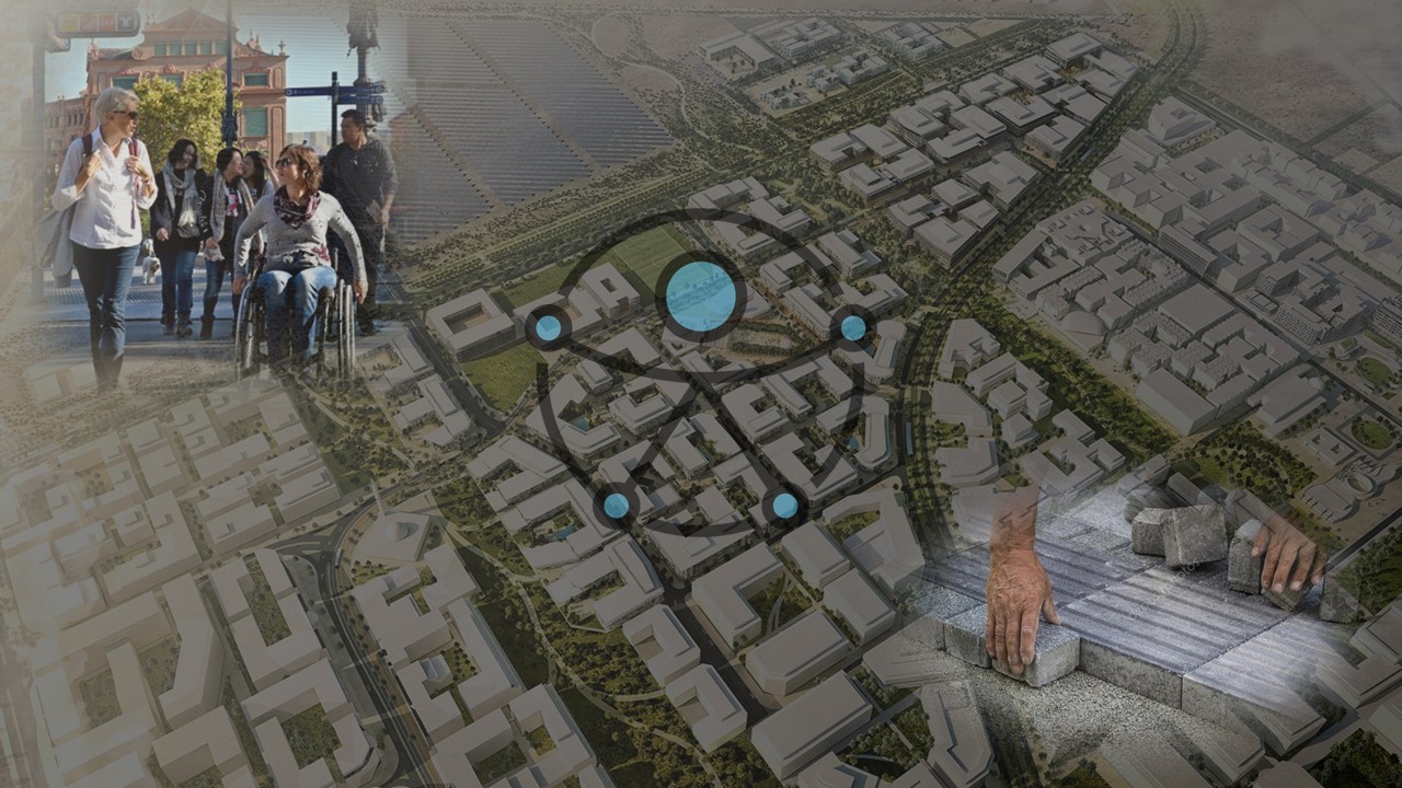 Foto aérea de una ciudad cualquiera sobre la que se sobreponen varias imágenes relacionadas con la accesibilidad e inclusión, como el Símbolo de Accesibilidad universal de ONU, una persona instalando pavimento podotáctil en una acera o una chica que utiliza una silla de ruedas paseando por una ciudad con sus amigos