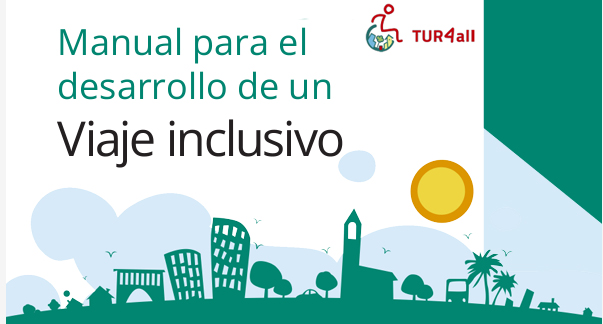 Portada del manual en la que se lee 'Manual para el desarrollo de un viaje inclusivo' y se ven siluetas de edificios y monumentos 