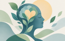 Ilustración en tonos verdes y azules de un perfil humano rodeado de hojas, con un corazón en la zona del cerebro y un círculo luminoso al fondo