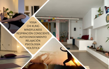 Creatividad a modo de cartel informativo del centro de bienestar integral en la que se ven imágenes de varias actividades y un rombo central con el nombre de varias de ellas
