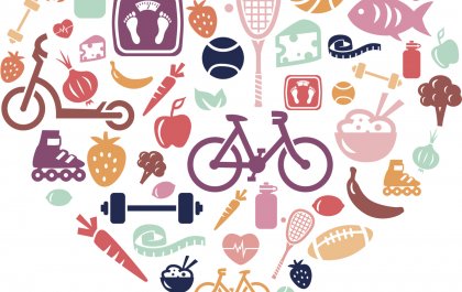 Ilustración de un corazón relleno de símbolos de vida saludable como una bicicleta y fruta