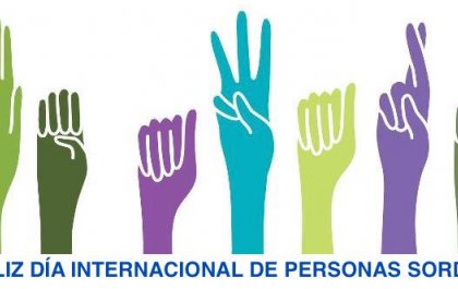 Imagen del Día Internacional de las Personas Sordas con dibujos de manos de colores signando 