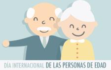 Dibujo de dos personas mayores en el que se lee Día Internacional de las Personas de Edad