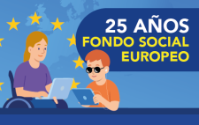 Cartel conmemorativo en el que se ve a una chica en silla de ruedas y a un chico ciego y se lee “25 años Fondo Social Europeo” 
