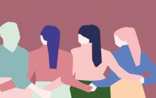 Dibujo a color en tonos pastel en el que se ve a cuatro mujeres de espaldas con las manos enlazadas por detrás. Las cuatro llevan pañuelo anudado a la cabeza que cuelga a mitad de la espalda