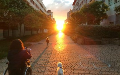 Chica en silla de ruedas avanzando hacia una puesta de sol por una calle peatonal con árboles acompañada por su hija que corre delante y su perro