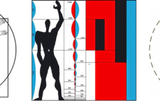 Imagen que recopila tres cánones dimensionales que han aparecido a lo largo de la historia: el hombre de Vitrubio, el MODULOR de Le Corbusier y un esquema de giro de una silla de ruedas.