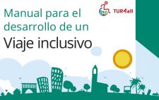 Portada del manual en la que se lee 'Manual para el desarrollo de un viaje inclusivo' y se ven siluetas de edificios y monumentos 