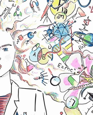 Ilustración en la que aparece dibujada una mujer junto a multitud de símbolos relacionados con la ciencia