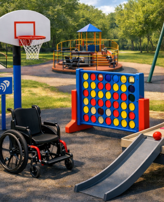 Parque infantil inclusivo con juegos accesibles, canasta de baloncesto, columpios adaptados y silla de ruedas en primer plano