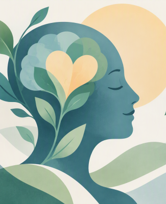 Ilustración en tonos verdes y azules de un perfil humano rodeado de hojas, con un corazón en la zona del cerebro y un círculo luminoso al fondo