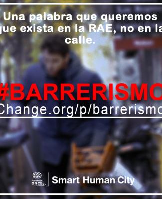 Imagen de la campaña 'Barrerismo' en la que se ve a Jota tras el letrero de #BARRERISMO Change.org/p/barrerismo