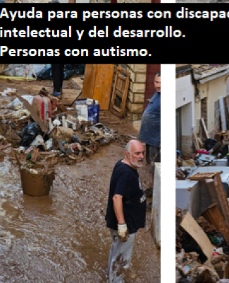 Mosaico formado por dos fotos de la riada en las que se ve agua, gente, coches y escombros. Se lee: "Ayuda para personas con discapacidad intelectual y del desarrollo. Personas con  autismo" 