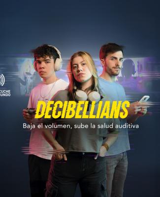 Cartel de la campaña en el que se ve a tres jóvenes con auriculares posando frente a un fondo colorido con ondas sonoras y luces neón