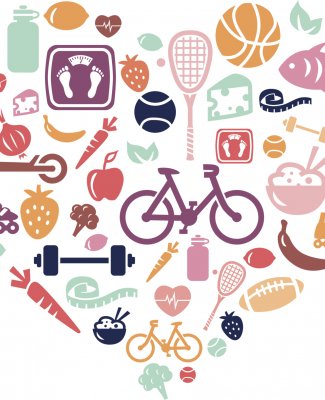 Ilustración de un corazón relleno de símbolos de vida saludable como una bicicleta y fruta