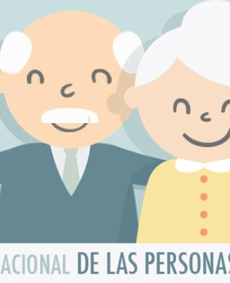 Dibujo de dos personas mayores en el que se lee Día Internacional de las Personas de Edad
