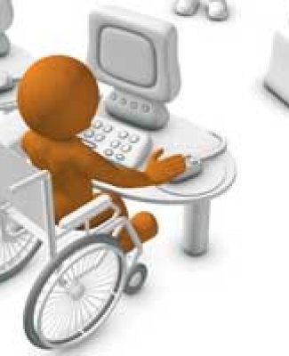 dibujo de una persona en silla de ruedas trabajando en un ordenador