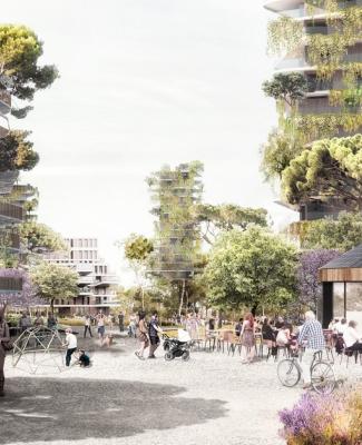 Imagen de una calle de una ciudad con gente y zonas verdes