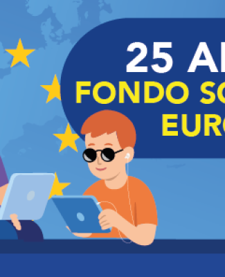 Cartel conmemorativo en el que se ve a una chica en silla de ruedas y a un chico ciego y se lee “25 años Fondo Social Europeo” 