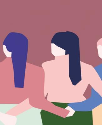 Dibujo a color en tonos pastel en el que se ve a cuatro mujeres de espaldas con las manos enlazadas por detrás. Las cuatro llevan pañuelo anudado a la cabeza que cuelga a mitad de la espalda 