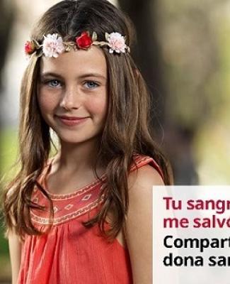 Imagen de una niña vestida de rojo con el lema "Tu sangre me salva la vida. Comparte la vida, dona sangre"