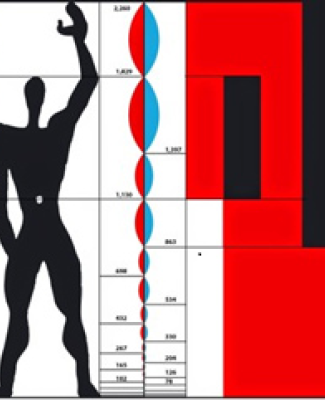 Imagen que recopila tres cánones dimensionales que han aparecido a lo largo de la historia: el hombre de Vitrubio, el MODULOR de Le Corbusier y un esquema de giro de una silla de ruedas.