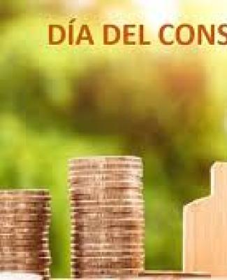 Imagen del Día del Consumidor 2018. Aparece una casita de madera y tres montones de monedas