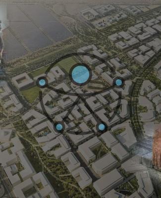 Foto aérea de una ciudad cualquiera sobre la que se sobreponen varias imágenes relacionadas con la accesibilidad e inclusión, como el Símbolo de Accesibilidad universal de ONU, una persona instalando pavimento podotáctil en una acera o una chica que utiliza una silla de ruedas paseando por una ciudad con sus amigos