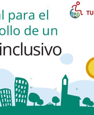 Portada del manual en la que se lee 'Manual para el desarrollo de un viaje inclusivo' y se ven siluetas de edificios y monumentos 